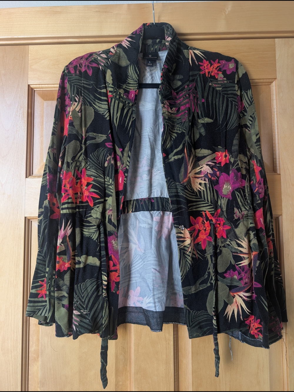 Women’s Floral Open Front Jacket - Black with Pink & Green Floral Print
